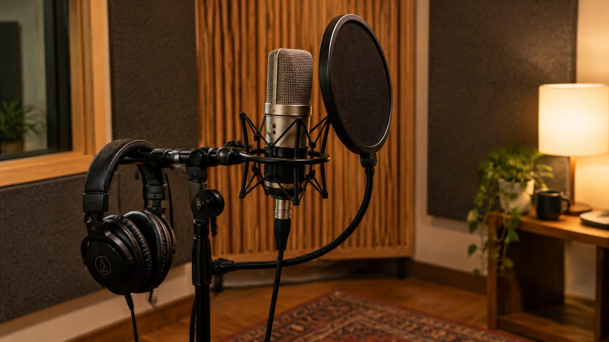 Studio microphone and headphones in a recording room