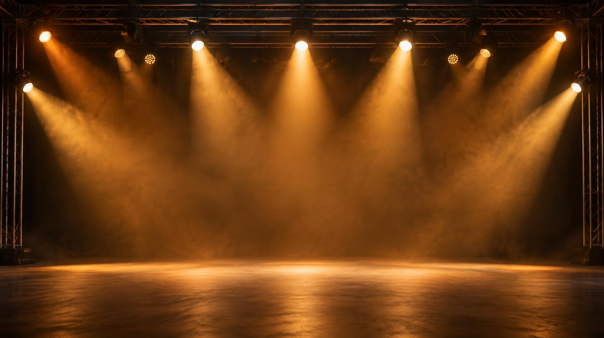 Stage with warm spotlights and lighting rig