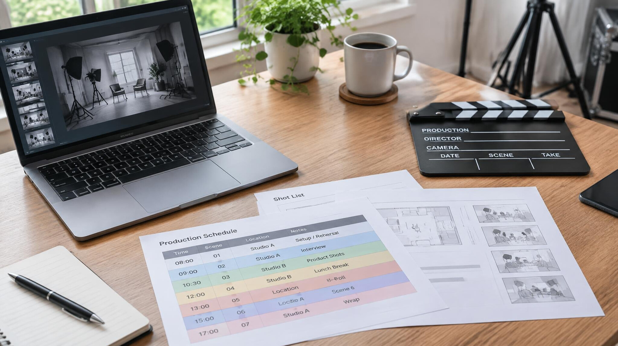 Desk with laptop and production planning papers