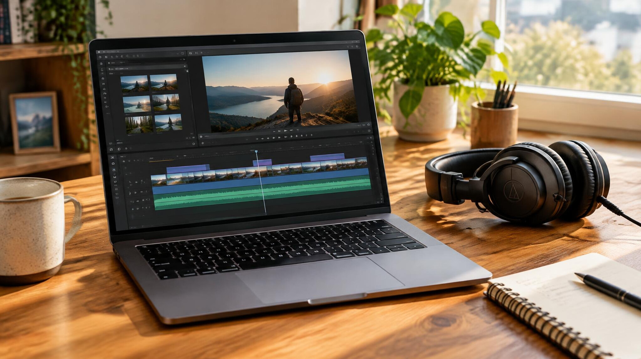 Laptop with video editing timeline on a desk with headphones