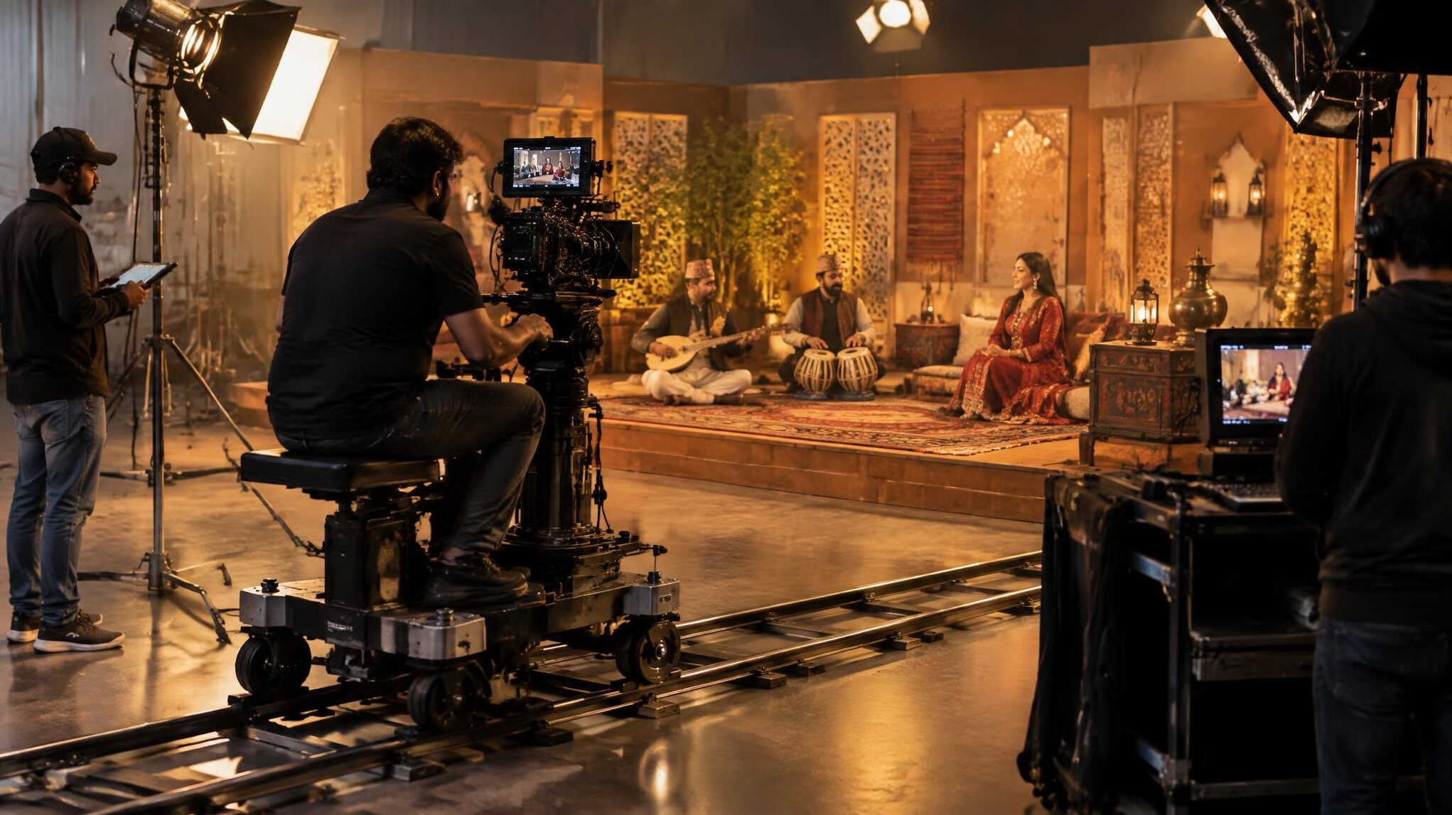 Film set with camera and lighting equipment